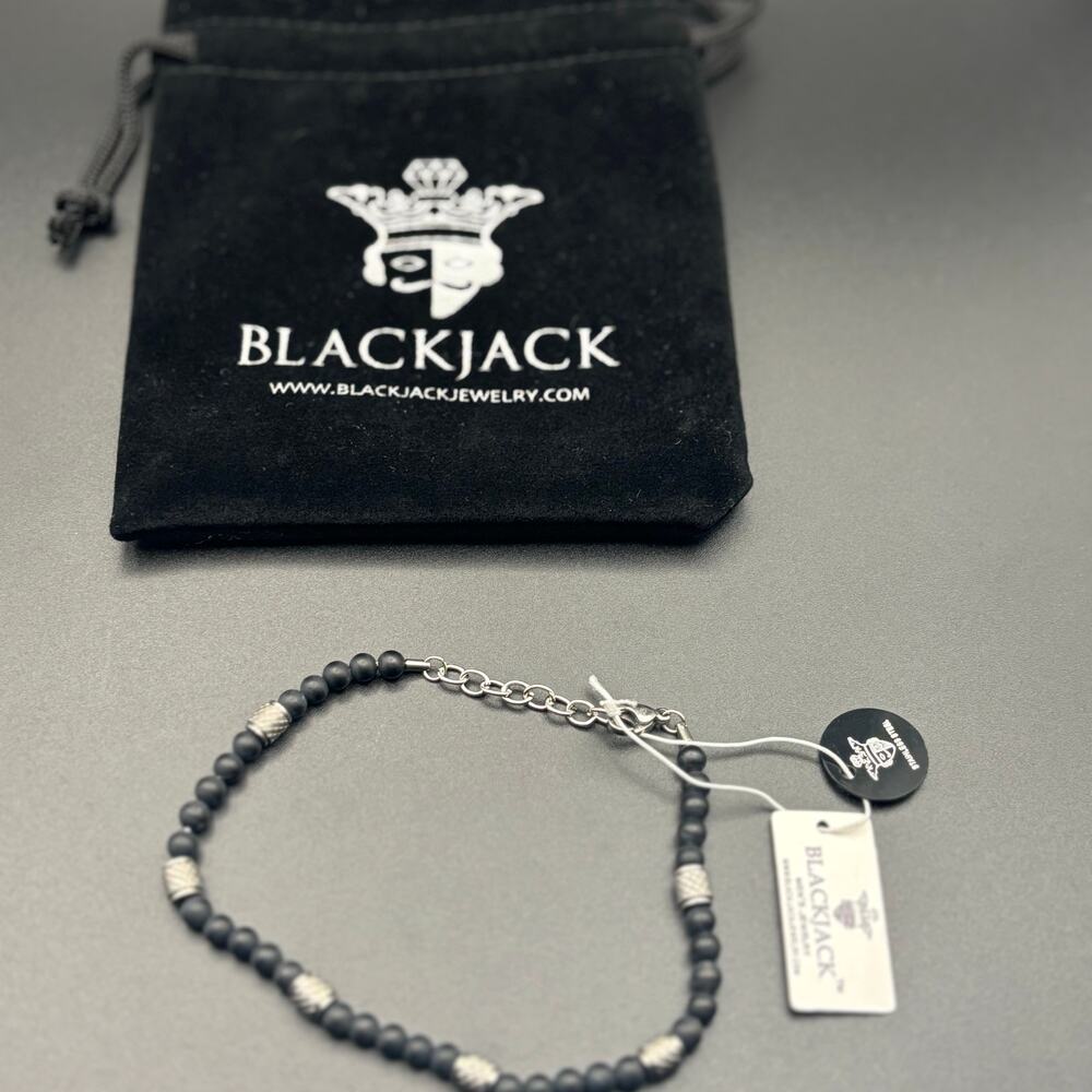 Blackjack BJS37BON Mens Genuine Onyx Stainless Steel Beaded Bracelet NIBWT - Picture 5 of 17